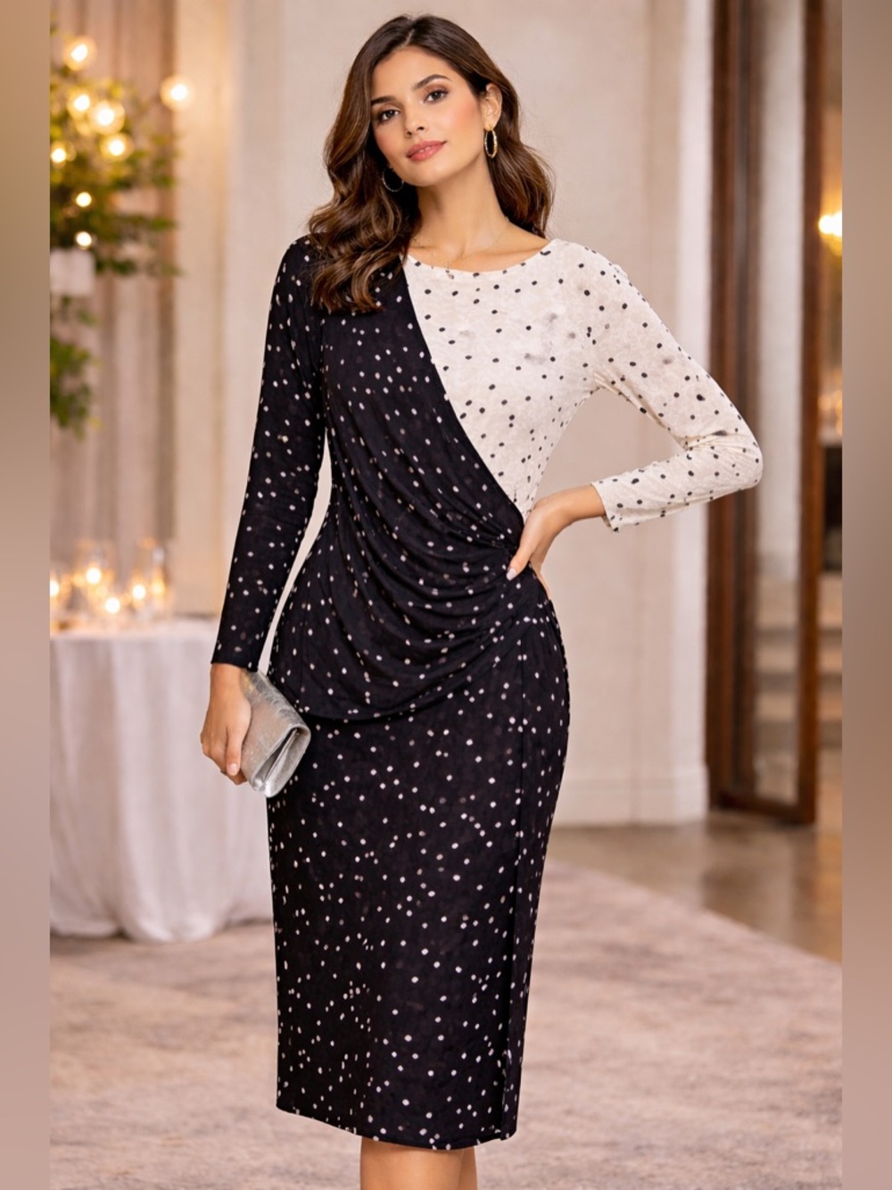SAKOWITZ 100% Silk Polka Dot Asymmetrical Draped Midi Dress Size 10 Vintage - Picture 10 of 11